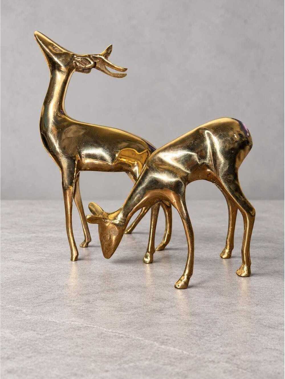 Vintage Brass Deer Pair Standing Stag and Grazing Doe Mid Century Decor